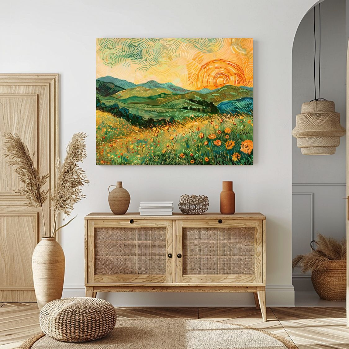 Poster wall art showing 'Whimsical Meadow - Sunrise over Blooming Rolling Hills' in an entryway