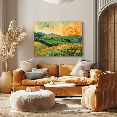 Poster wall art showing 'Whimsical Meadow - Sunrise over Blooming Rolling Hills' in a living room