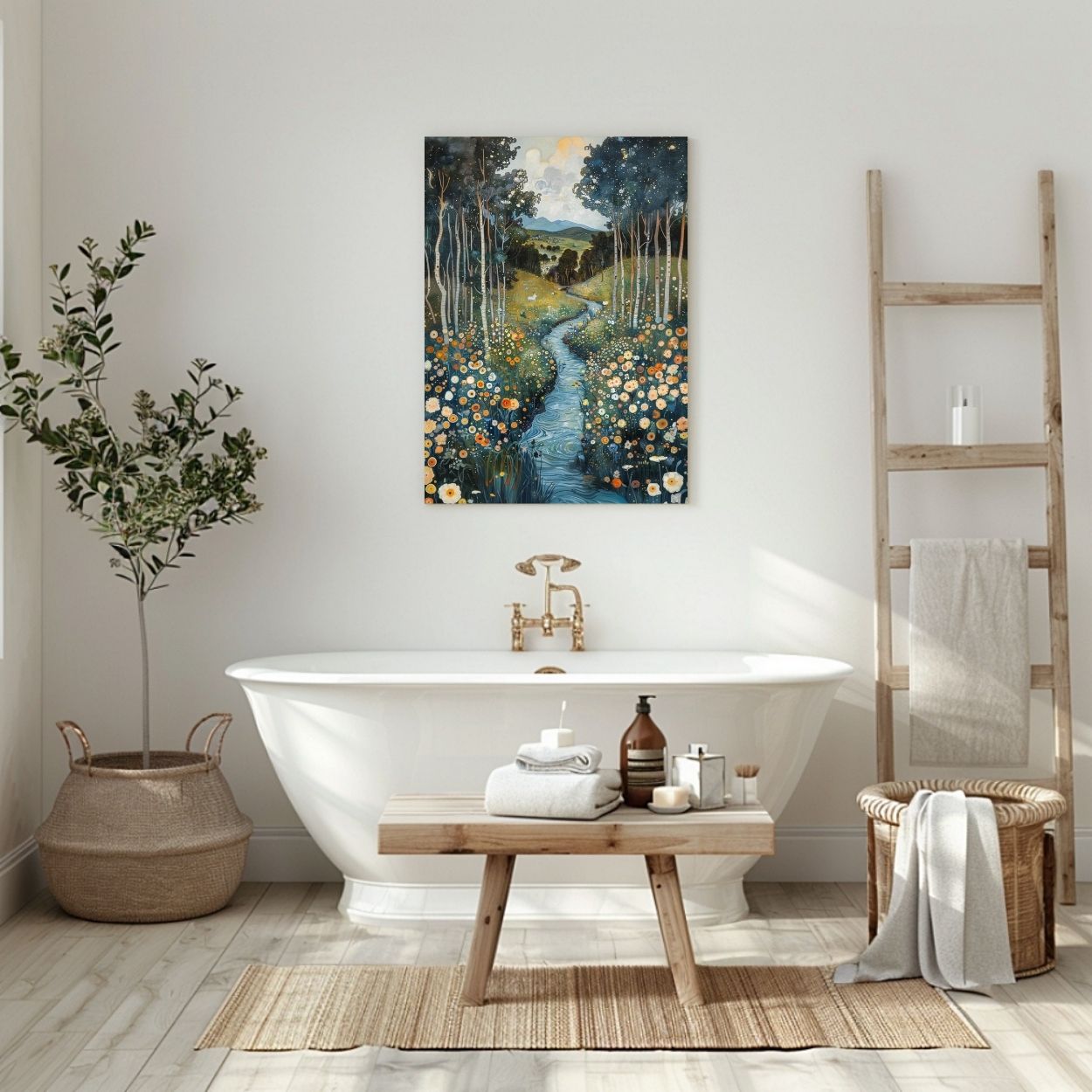 Poster wall art showing 'Whispering Waters - A River's Path Through a Floral Valley' in a bathroom