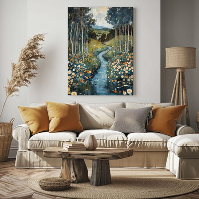 Poster wall art showing 'Whispering Waters - A River's Path Through a Floral Valley' in a beige living room