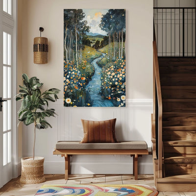 Poster wall art showing 'Whispering Waters - A River's Path Through a Floral Valley' in a boho entryway