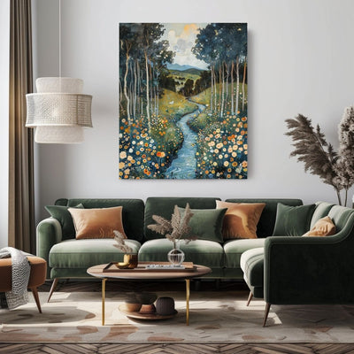 Poster wall art showing 'Whispering Waters - A River's Path Through a Floral Valley' in a green living room