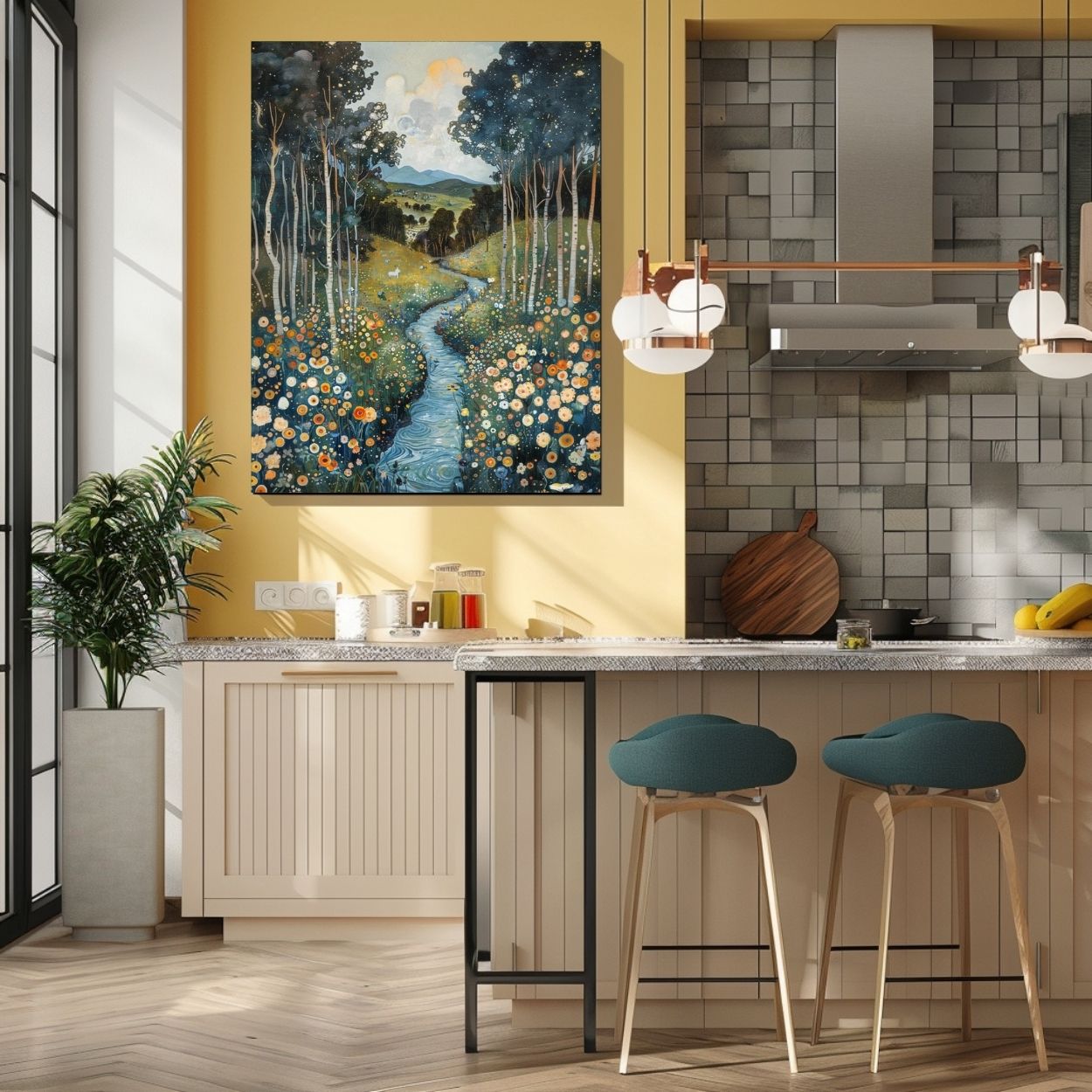 Poster wall art showing 'Whispering Waters - A River's Path Through a Floral Valley' in a kitchen