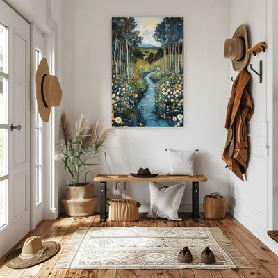 Poster wall art showing 'Whispering Waters - A River's Path Through a Floral Valley' in an entryway