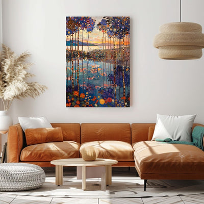Sunset Meadow with Blue Trees and Wildflowers