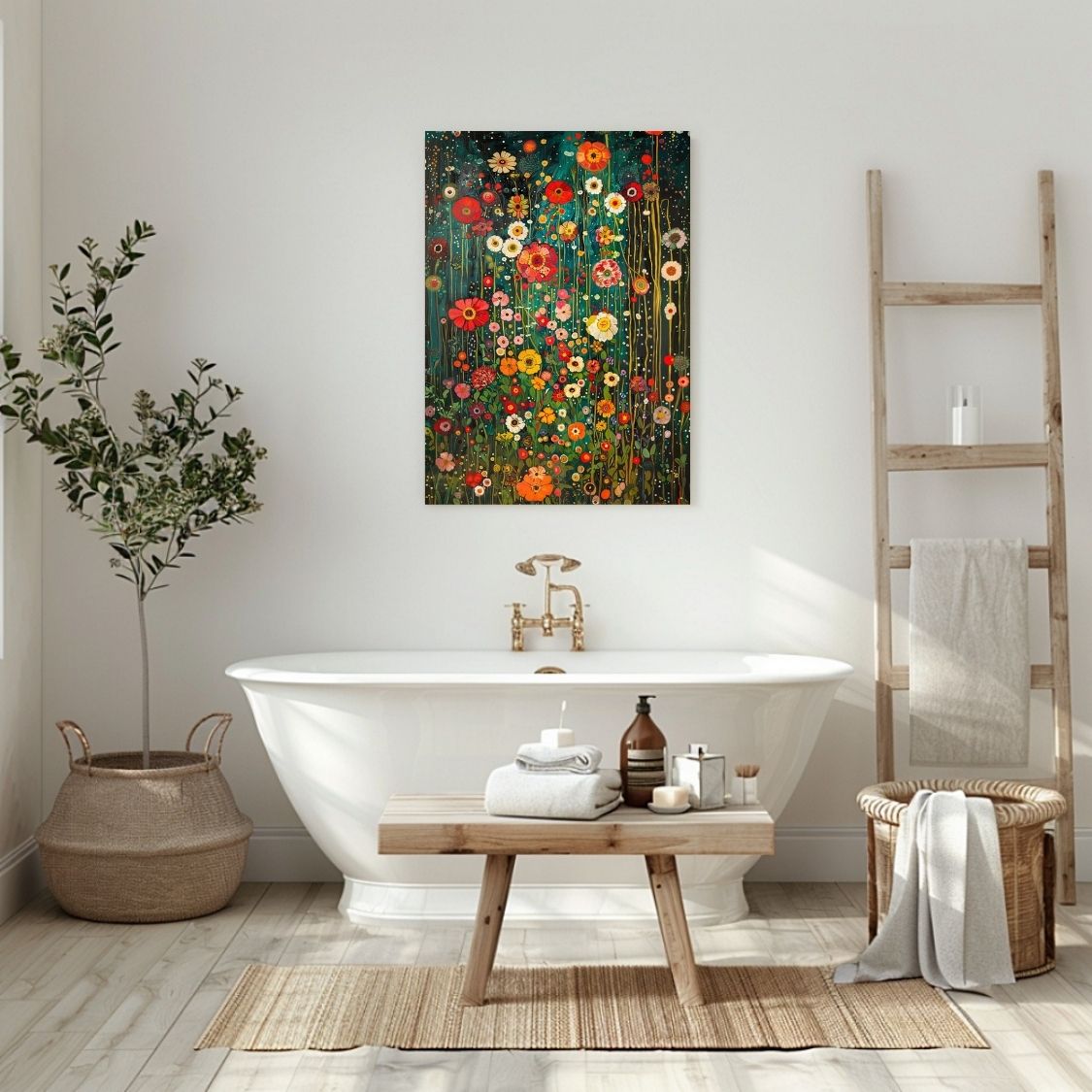 Canvas print wall art of Floral Murmur - Intense Colors on a Twilight Background in a bathroom