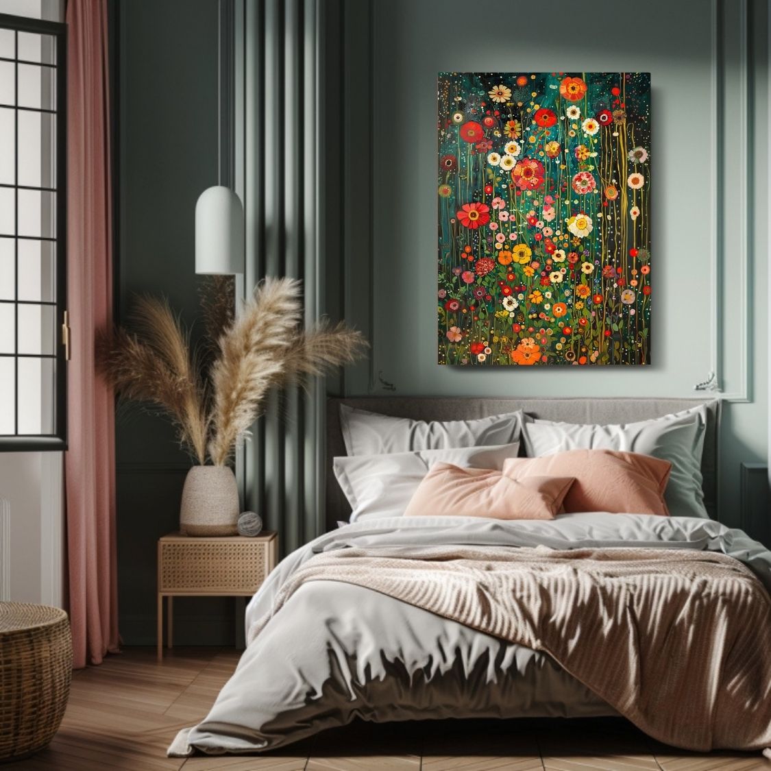 Canvas print wall art of Floral Murmur - Intense Colors on a Twilight Background in a bedroom