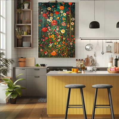 Canvas print wall art of Floral Murmur - Intense Colors on a Twilight Background in a kitchen