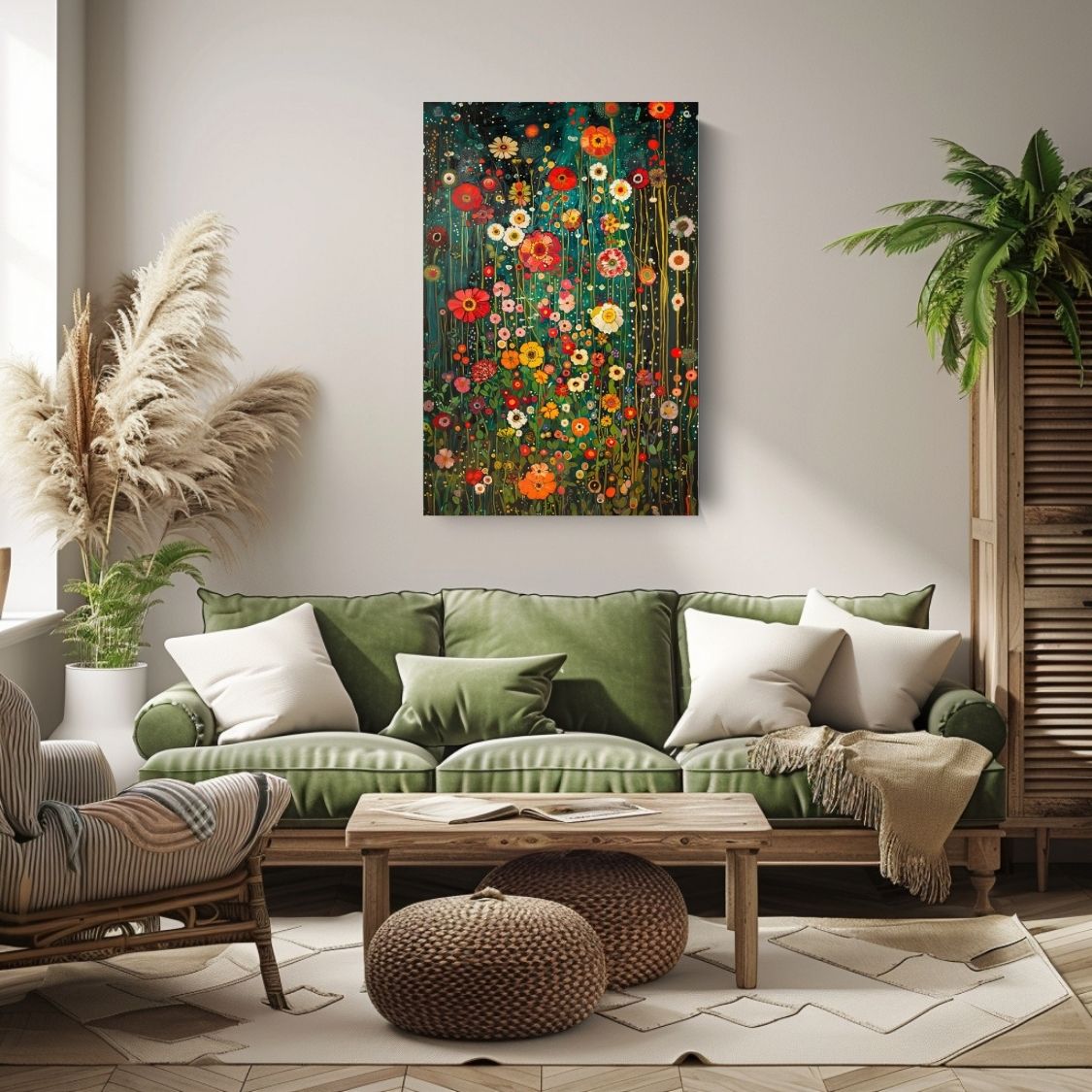 Canvas print wall art of Floral Murmur - Intense Colors on a Twilight Background in a living room