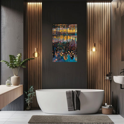 Product image showing canvas wall art of Vibrant Forest and Lake Harmony in a bathroom