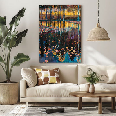 Product image showing canvas wall art of Vibrant Forest and Lake Harmony in a beige living room