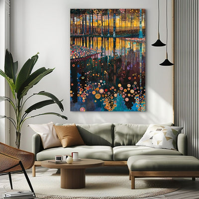 Product image showing canvas wall art of Vibrant Forest and Lake Harmony in a living room