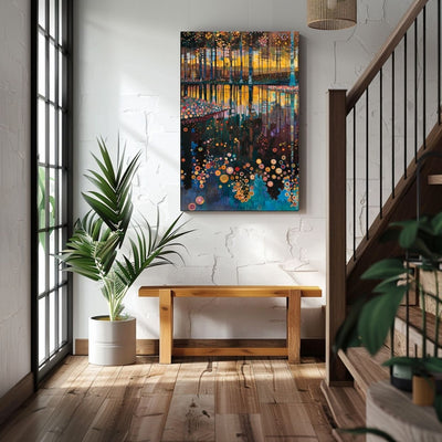 Product image showing canvas wall art of Vibrant Forest and Lake Harmony in a hallway