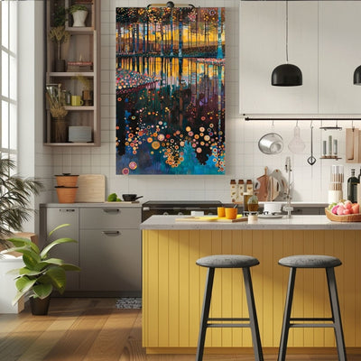 Product image showing canvas wall art of Vibrant Forest and Lake Harmony in a kitchen