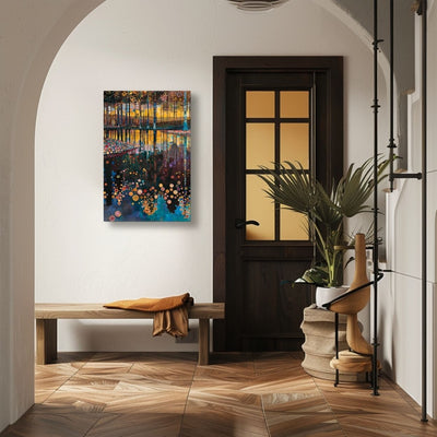 Product image showing canvas wall art of Vibrant Forest and Lake Harmony in an entryway