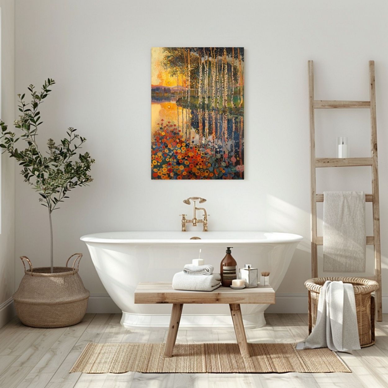 Product image of canvas wall art of Still Waters - Lush Forest Reflections in Rich Hues in a bathroom