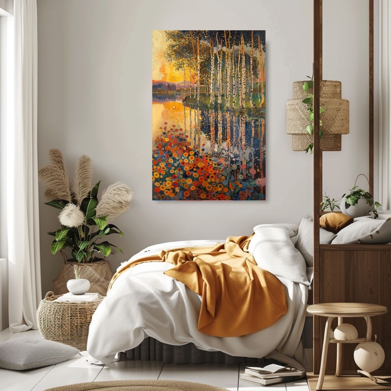 Product image of canvas wall art of Still Waters - Lush Forest Reflections in Rich Hues in a bedroom