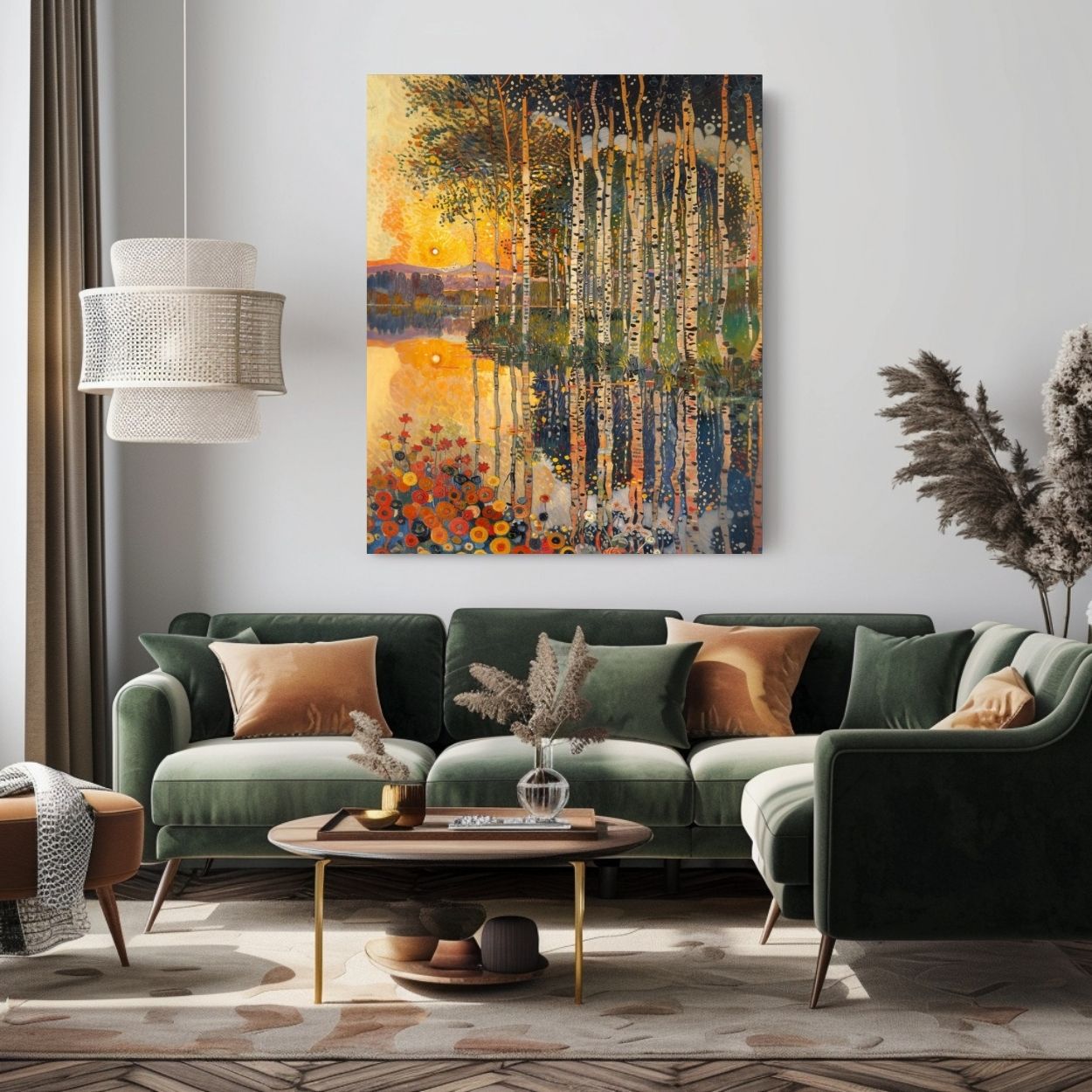 Product image of canvas wall art of Still Waters - Lush Forest Reflections in Rich Hues in a living room.