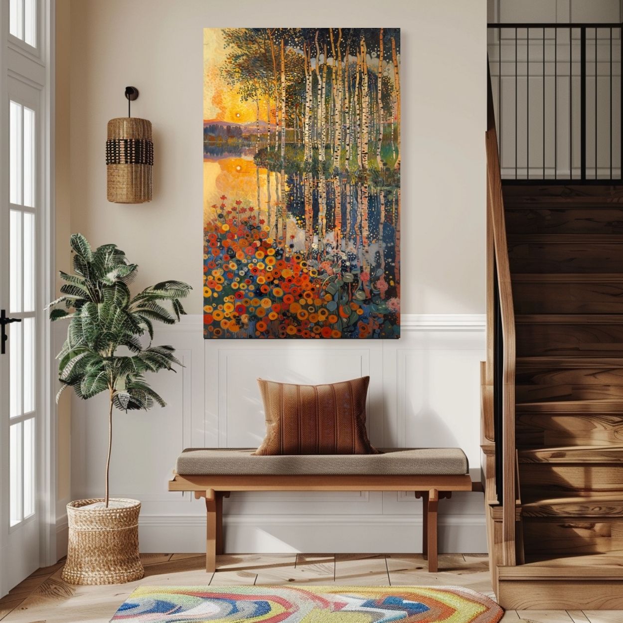 Product image of canvas wall art of Still Waters - Lush Forest Reflections in Rich Hues in a hallway