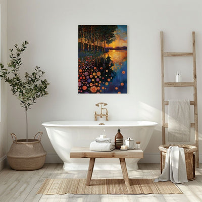 Product image of canvas art print showing forest reflections in a dusky lake in a bathroom