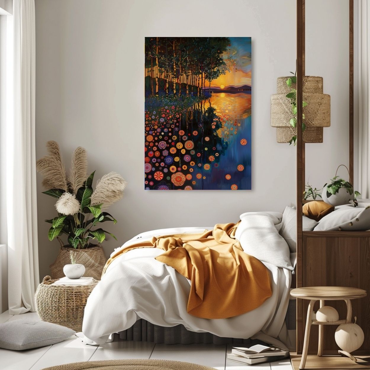 Product image of canvas art print showing forest reflections in a dusky lake in a bedroom