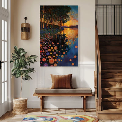 Product image of canvas art print showing forest reflections in a dusky lake in an entryway