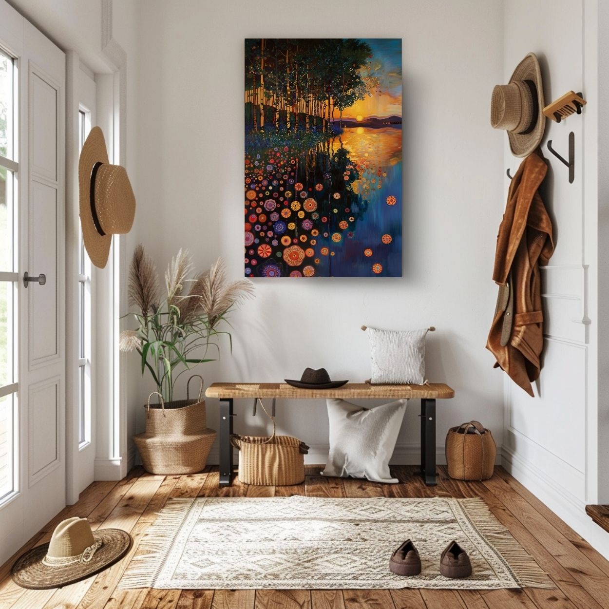 Product image of canvas art print showing forest reflections in a dusky lake in a cozy entryway