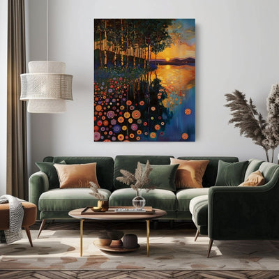 Product image of canvas art print showing forest reflections in a dusky lake in a living room