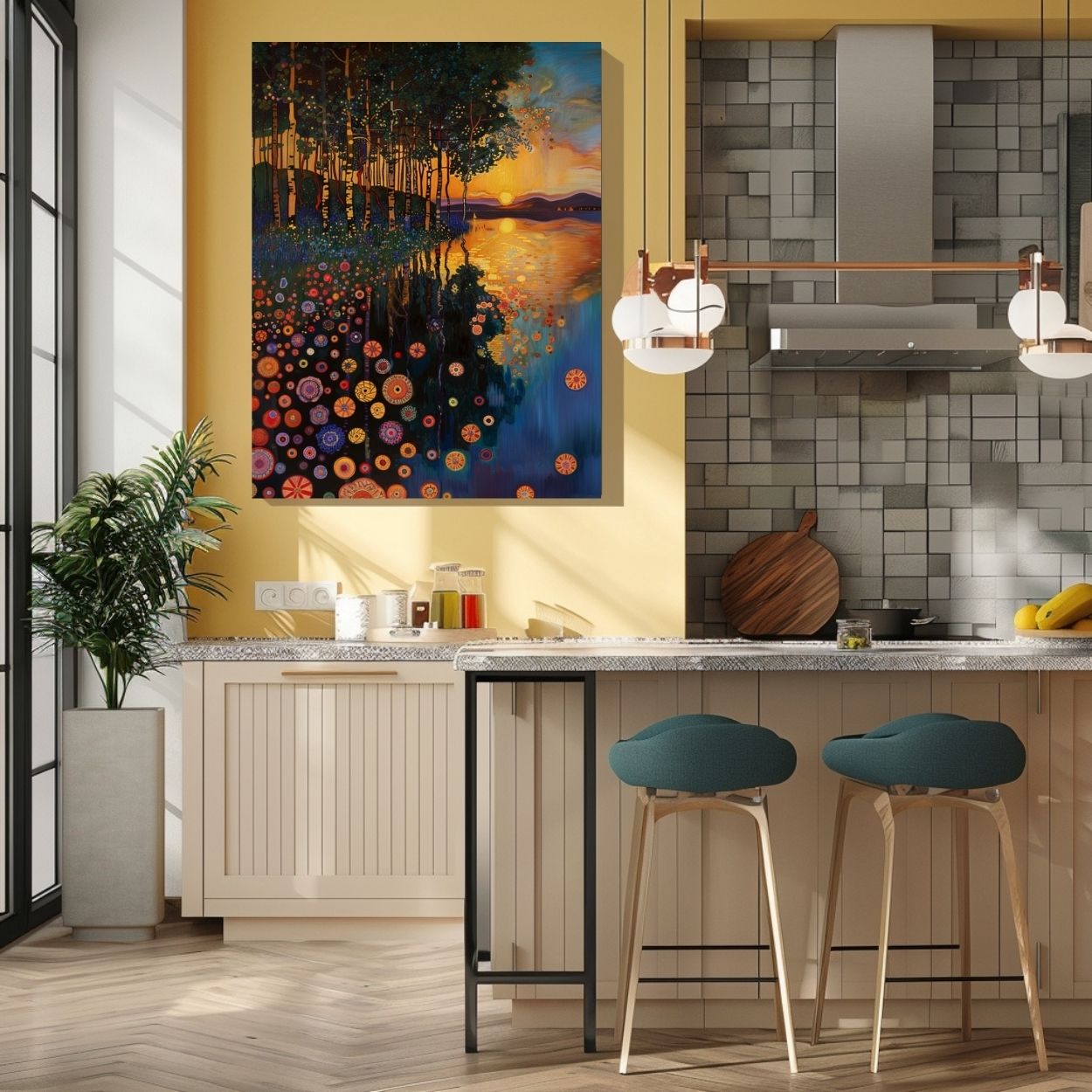 Product image of canvas art print showing forest reflections in a dusky lake in a kitchen