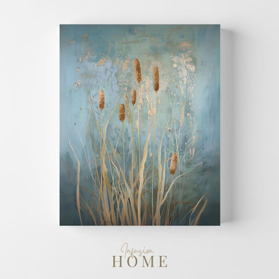 Canvas wall art print showing 'Cattail Whispers - Abstract Echoes' in 