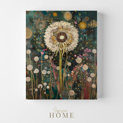 Canvas print wall art showing 'Whimsical Wishes - Dandelion Seeds Adrift'