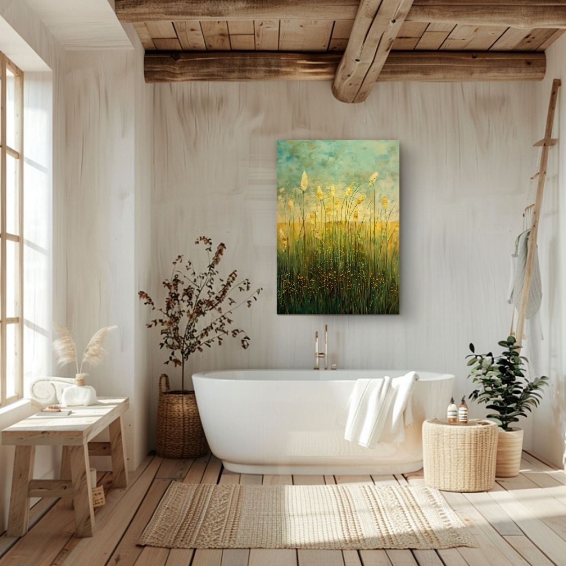 Canvas print wall art 'Silhouette Strokes - Cattails Against Artistic Skies' in a bathroom