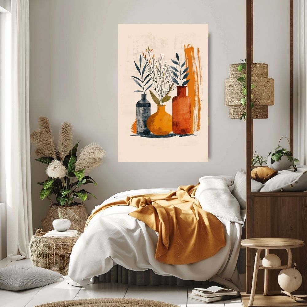 Poster wall art showing 'Botanical Purity – Minimalist Boho Florals in Neutral Vases' in a bedroom