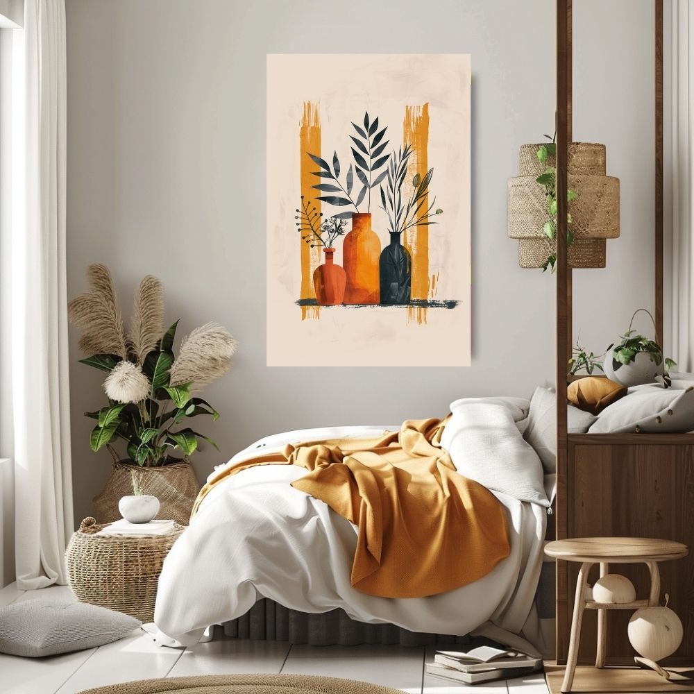 Poster wall art showing 'Minimal Boho Vases – Simplistic Earth Tone Floral Art' in a bedroom