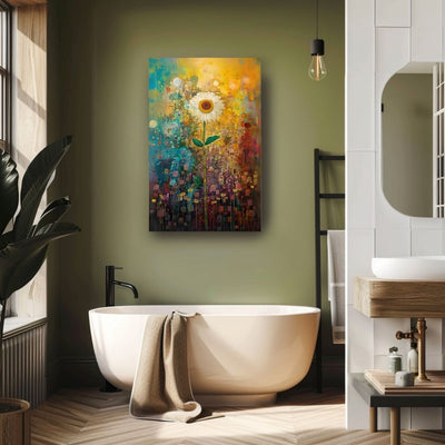 Canvas wall art showing Daisy Dance - Full of Summer Color in a bathroom