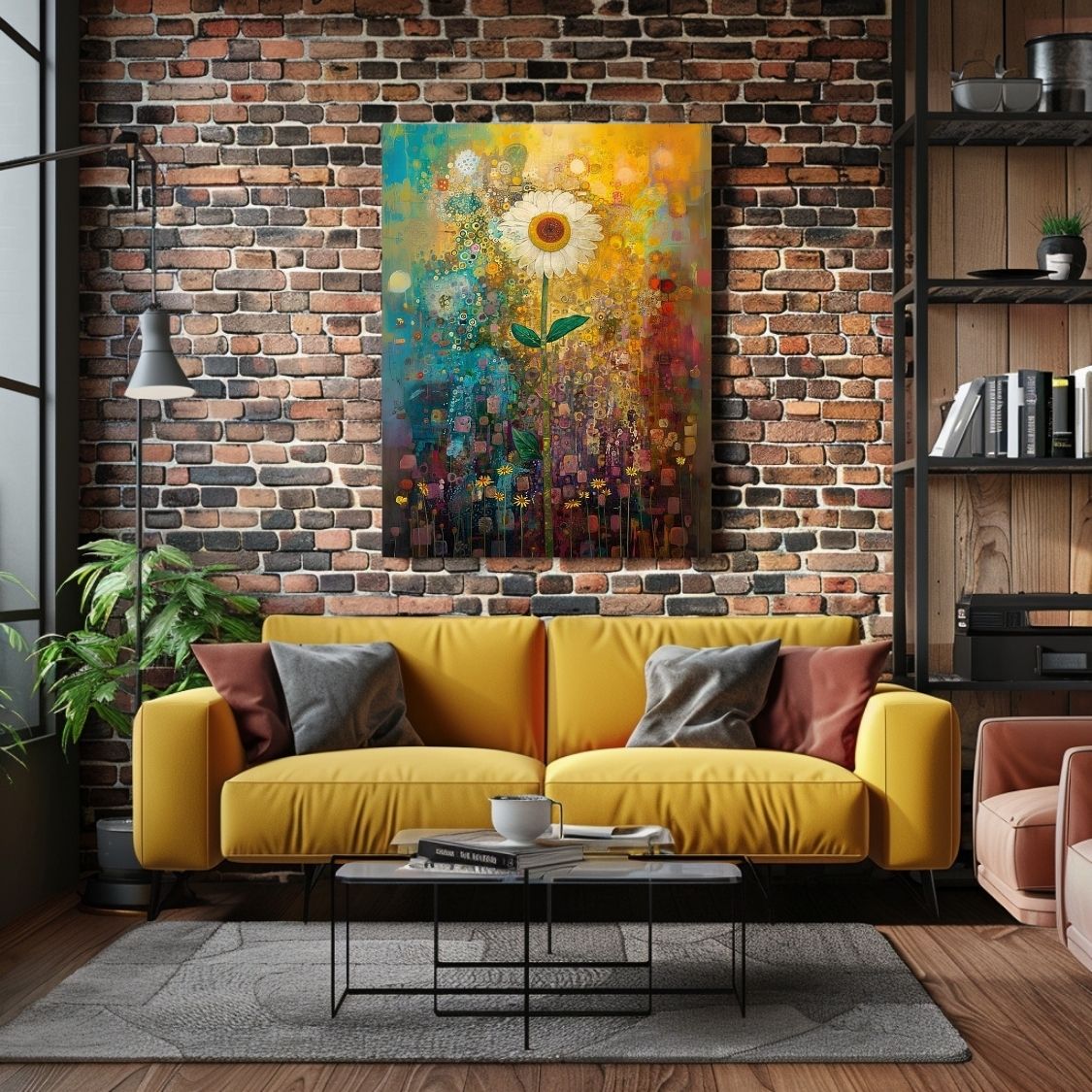 Canvas wall art showing Daisy Dance - Full of Summer Color in a living room with a yellow couch