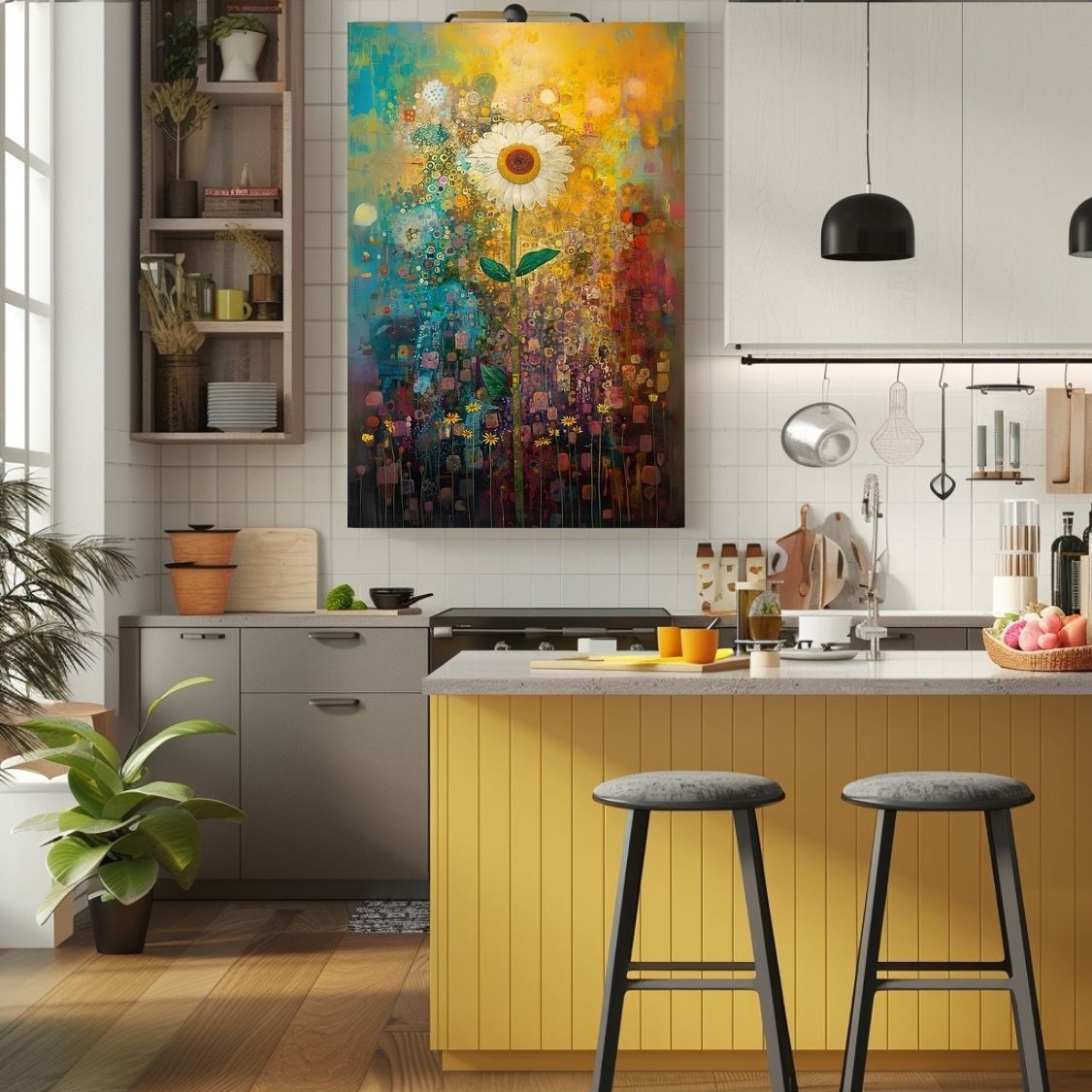 Canvas wall art showing Daisy Dance - Full of Summer Color in a kitchen