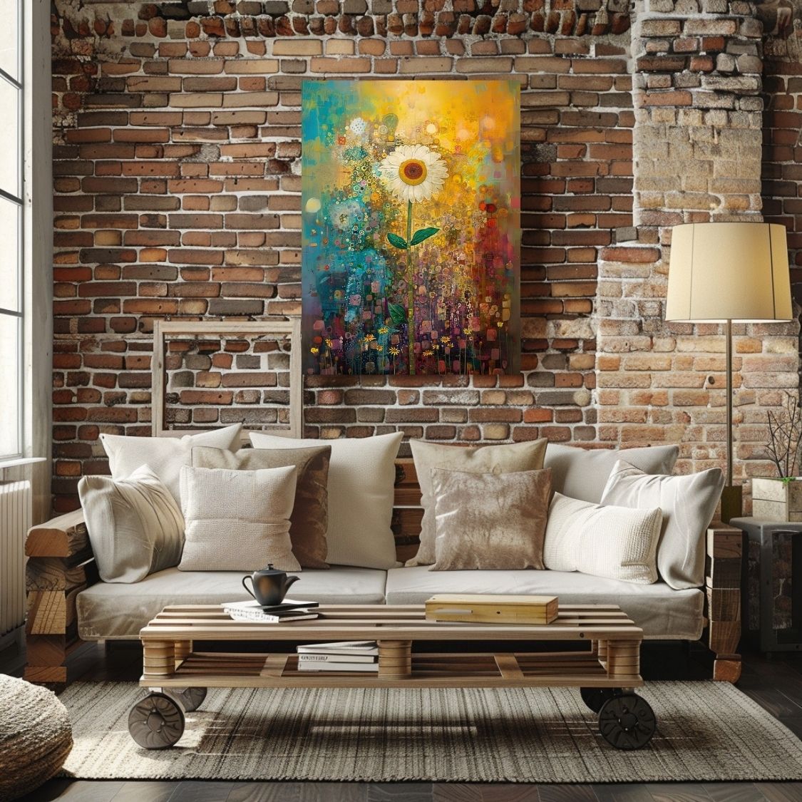 Canvas wall art showing Daisy Dance - Full of Summer Color in a living room