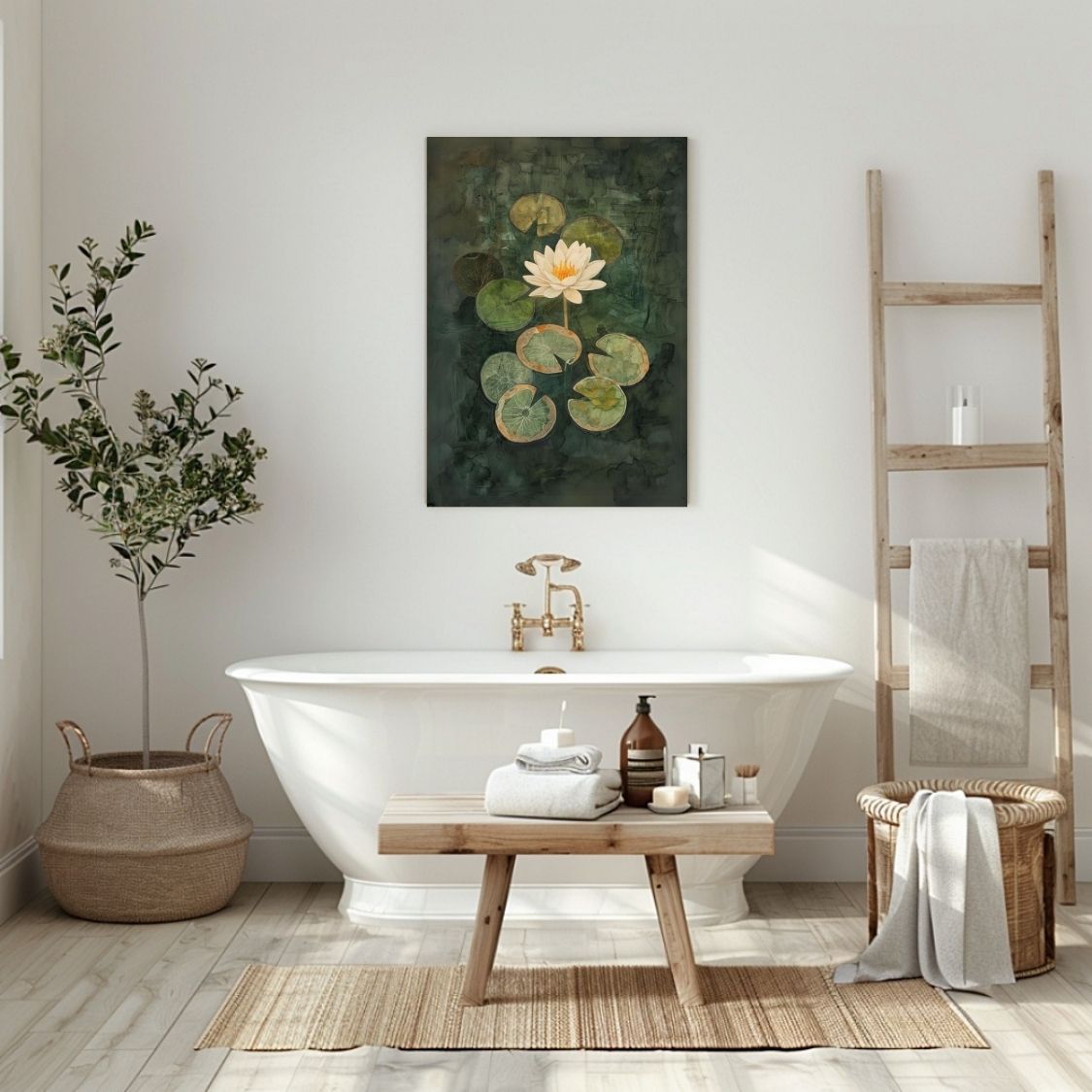 Canvas print wall art showing 'Mirrored Elegance - Water Lily Amidst Stillness' in a bathroom