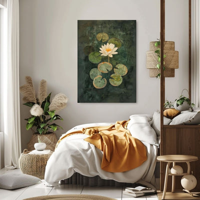 Canvas print wall art showing 'Mirrored Elegance - Water Lily Amidst Stillness' in a bedroom