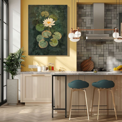 Canvas print wall art showing 'Mirrored Elegance - Water Lily Amidst Stillness' in a kitchen