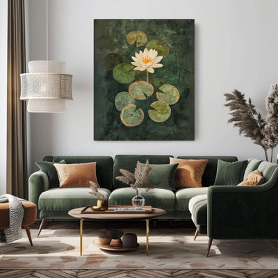 Canvas print wall art showing 'Mirrored Elegance - Water Lily Amidst Stillness' in a living room