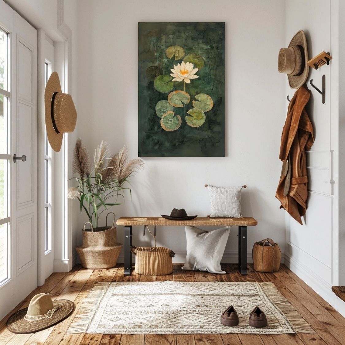 Canvas print wall art showing 'Mirrored Elegance - Water Lily Amidst Stillness' in an entryway