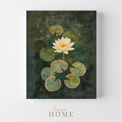 Canvas print wall art showing 'Mirrored Elegance - Water Lily Amidst Stillness'