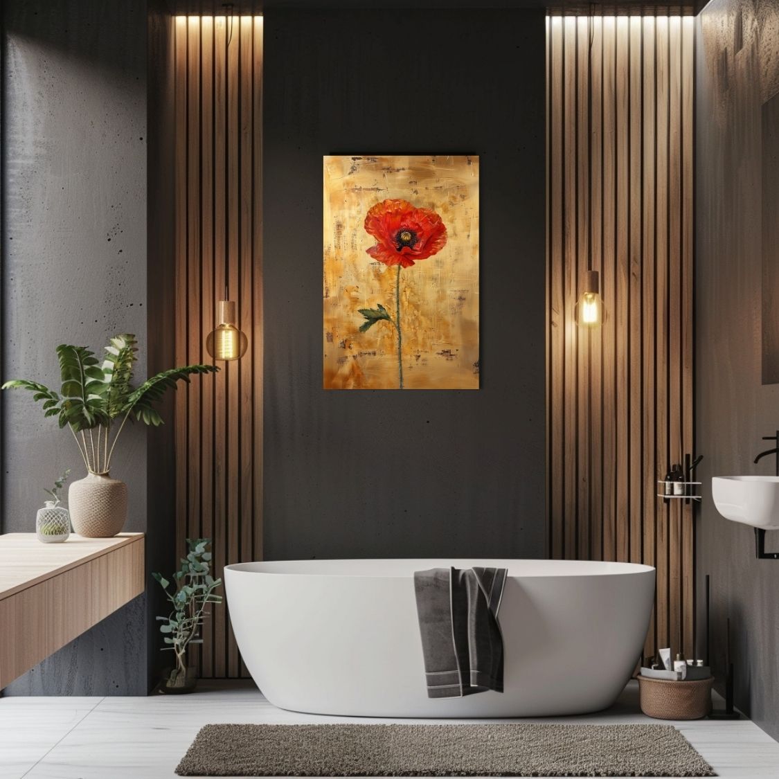 Canvas print wall art showing 'Poppy Poise - Elegance in Simplicity' in a bathroom