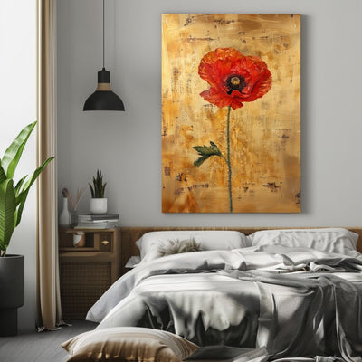 Canvas print wall art showing 'Poppy Poise - Elegance in Simplicity' in a bedroom