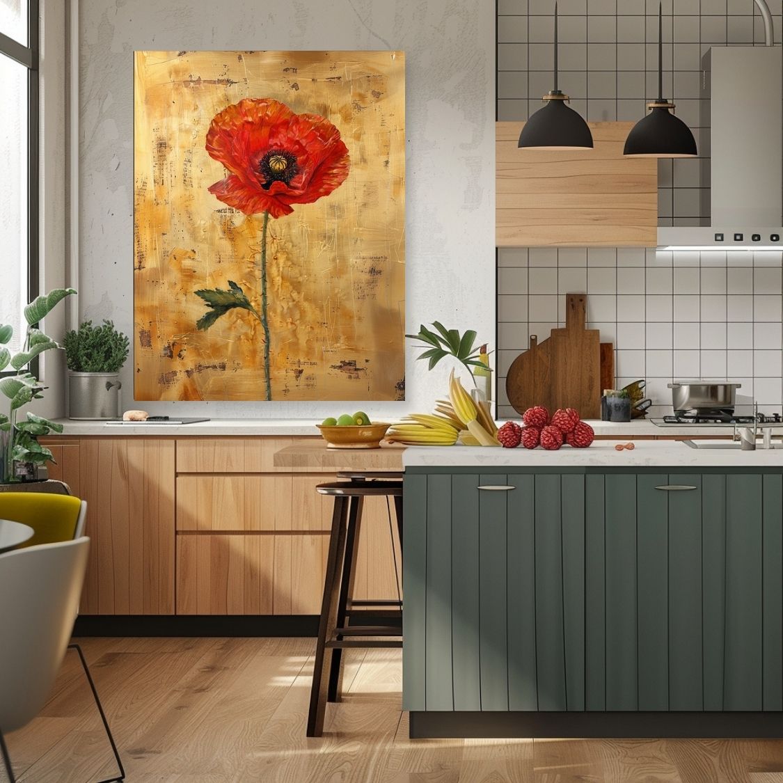 Canvas print wall art showing 'Poppy Poise - Elegance in Simplicity' in a kitchen