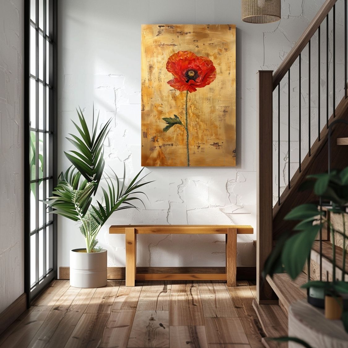 Canvas print wall art showing 'Poppy Poise - Elegance in Simplicity' in an entryway