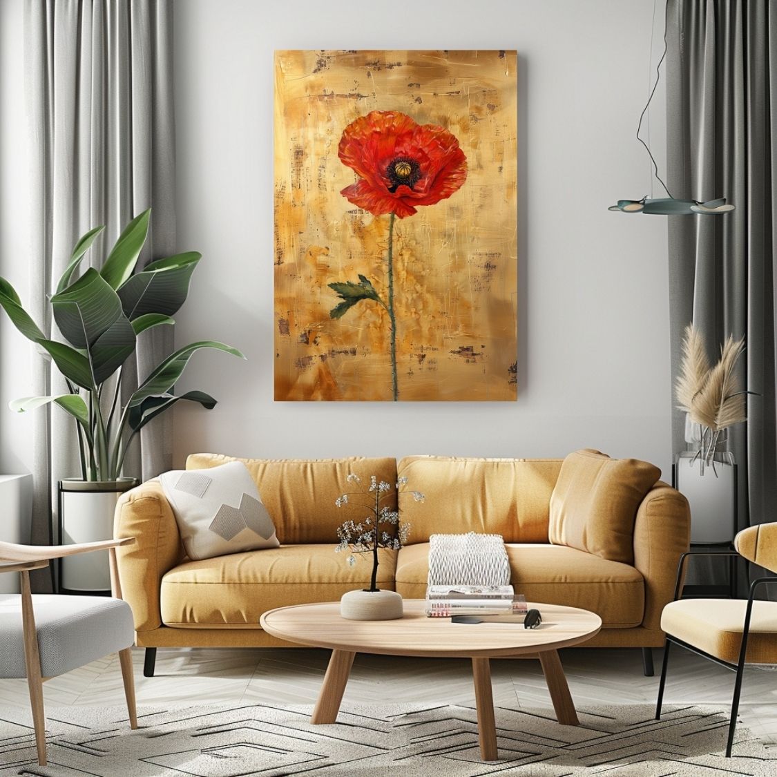 Canvas print wall art showing 'Poppy Poise - Elegance in Simplicity' in a living room