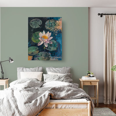 Canvas print wall art showing 'Tranquil Bloom - Water Lily Serenity' in a bedroom